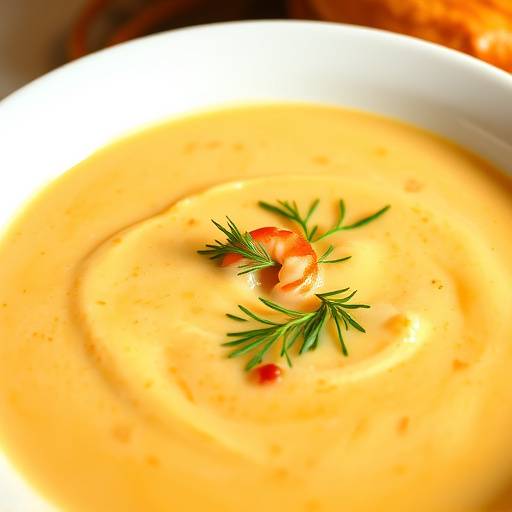 A creamy and rich Lobster Bisque served in a white bowl with a sprig of dill.