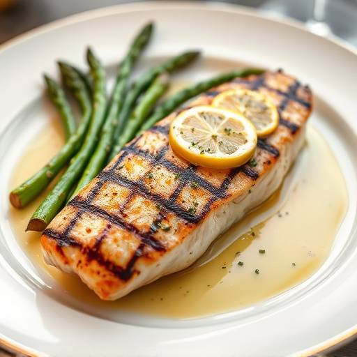A perfectly grilled Swordfish steak with a lemon-butter sauce, served on a bed of asparagus.